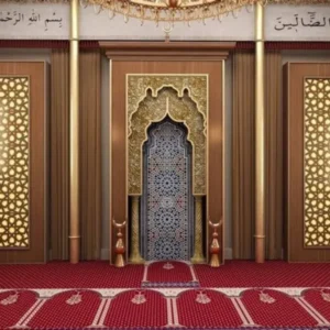 Beautifully designed mosque prayer area with intricate wooden panels golden geometric patterns and a decorative mihrab centerpiece adorned with traditional Islamic art